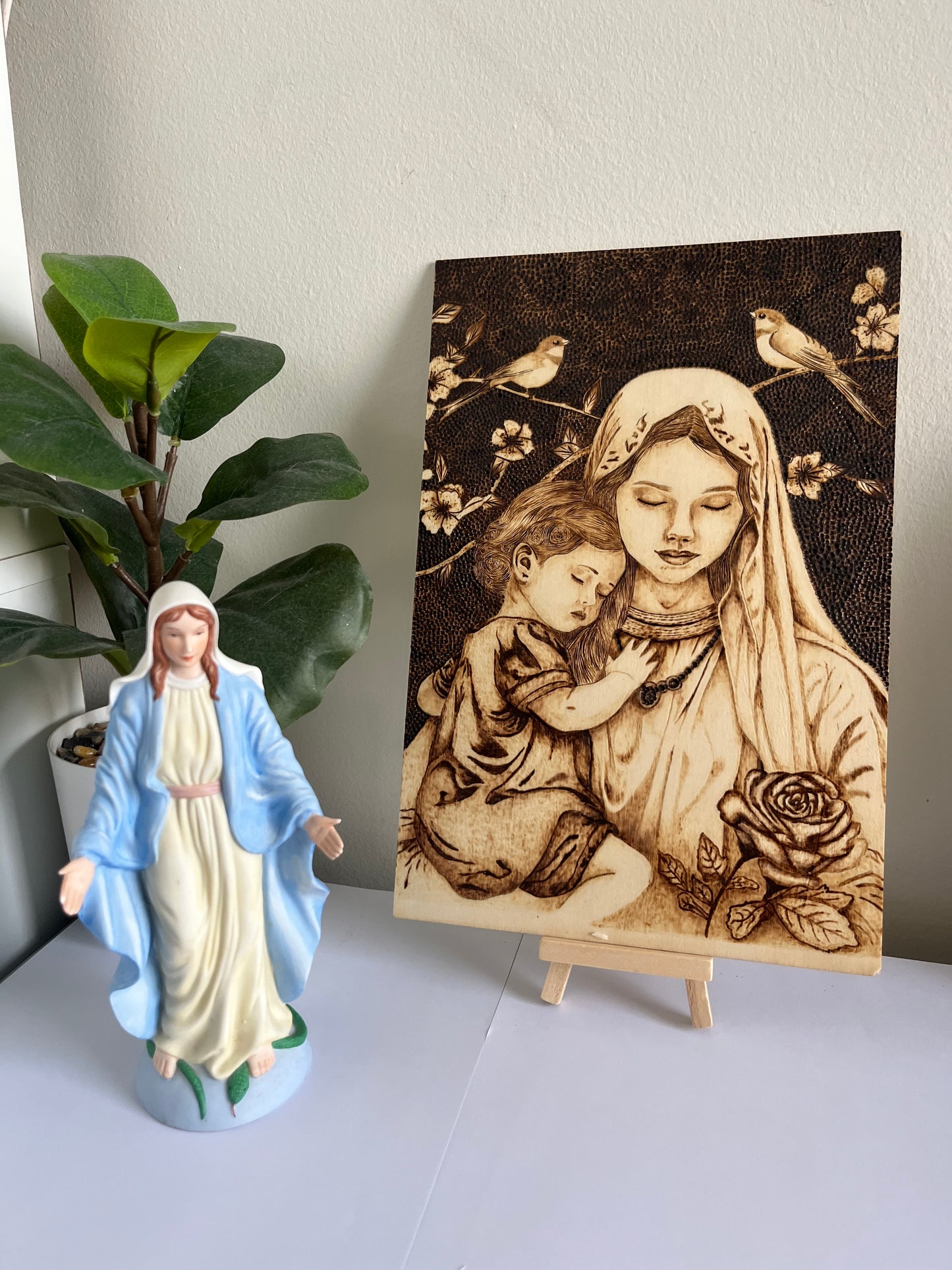 Madonna & Child | Sparrows Cherry Blossoms & Rose | Original Pyrography | Handmade by Rosaria