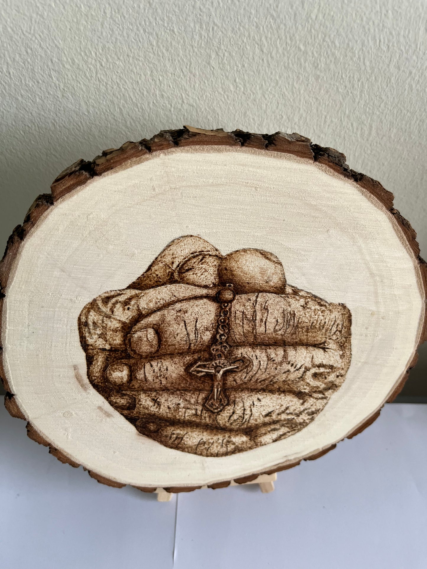 Praying Hands & Rosary | Original Pyrography on Natural Wood Slice | Handmade by Rosaria