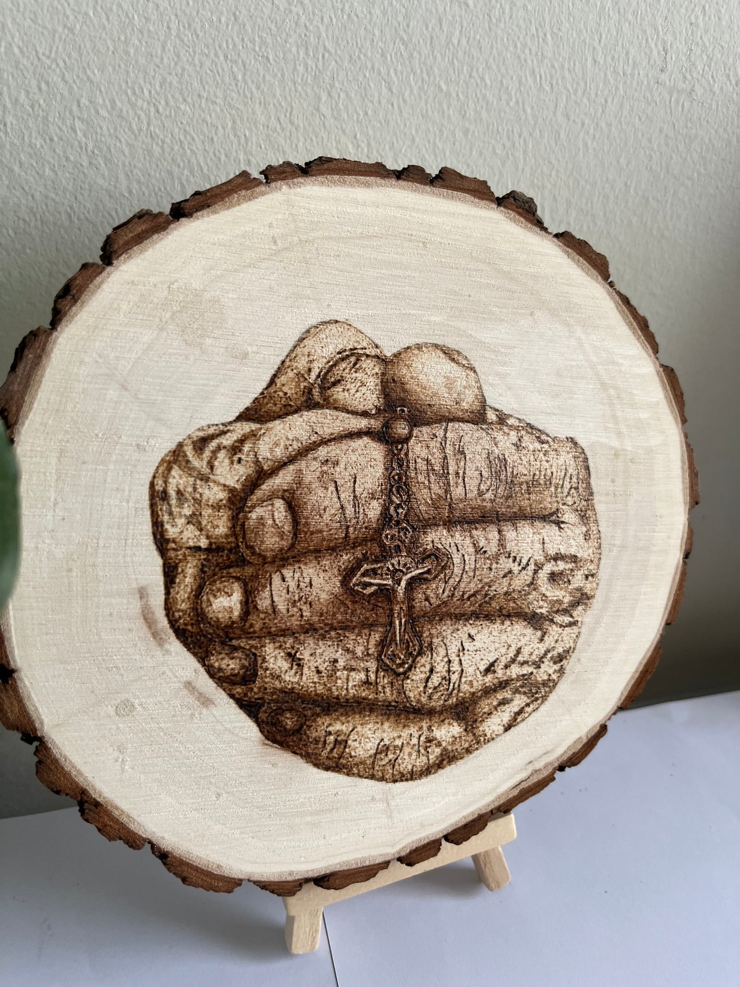 Praying Hands & Rosary | Original Pyrography on Natural Wood Slice | Handmade by Rosaria