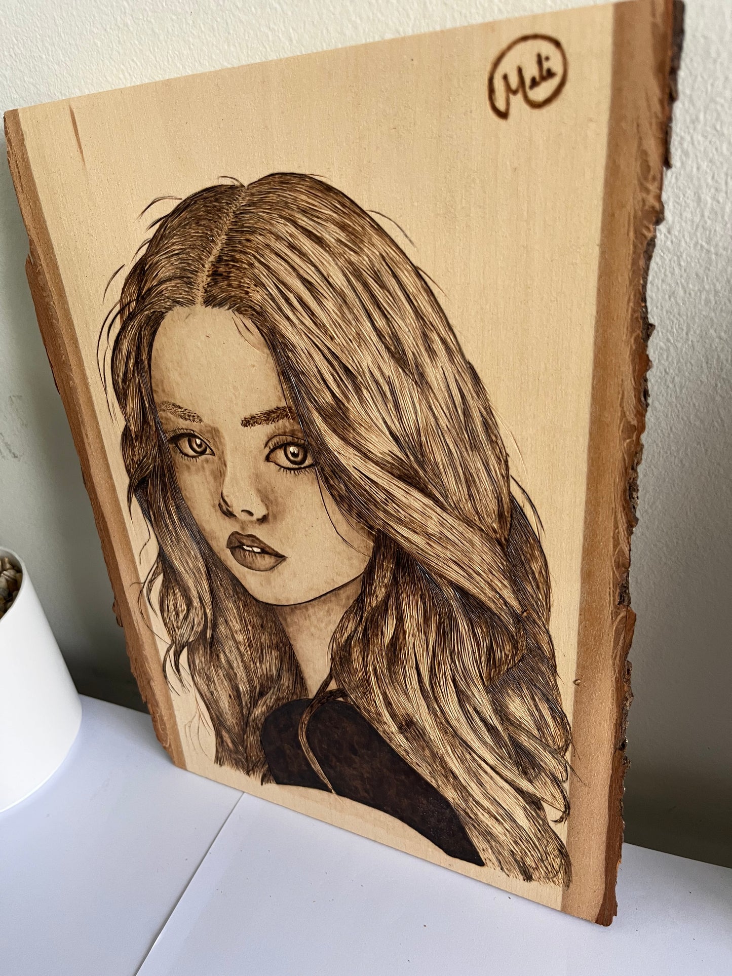 Female Portrait | Original Pyrography on Live-Edge Wood Plank | Handmade by Rosaria