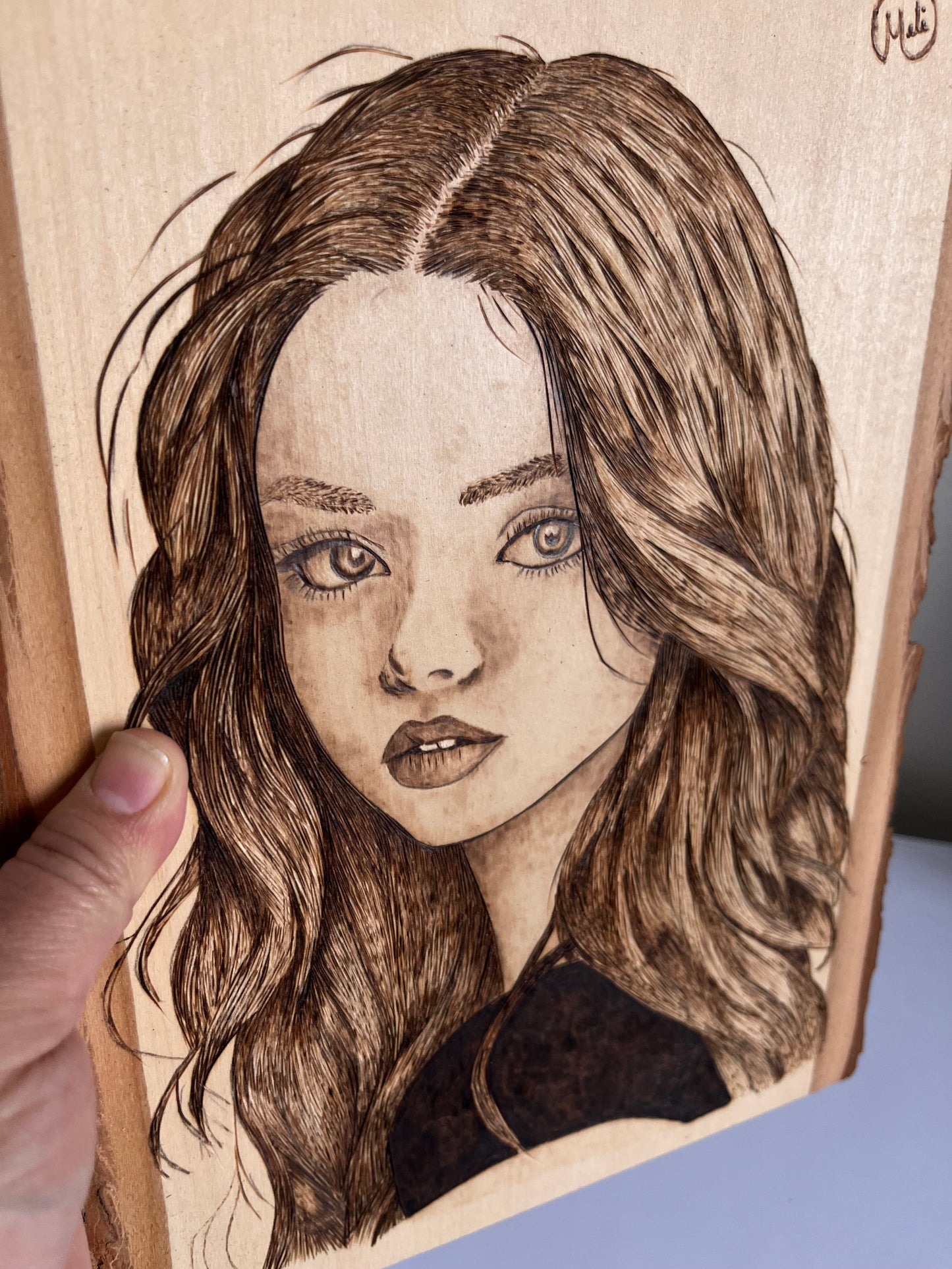 Female Portrait | Original Pyrography on Live-Edge Wood Plank | Handmade by Rosaria