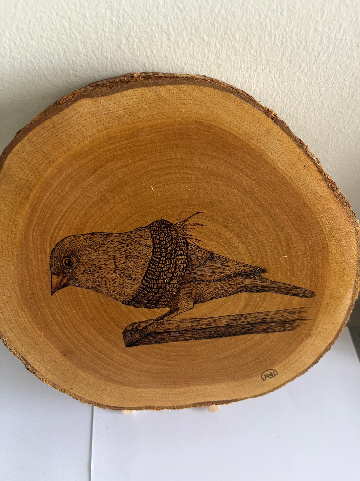 Songbird on Branch | Original Pyrography on Natural Wood Slice | Handmade by Rosaria