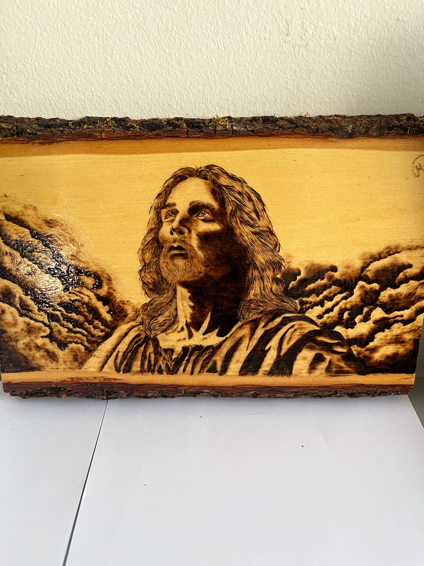 Christ Gazing Heavenward | Original Pyrography on Live-Edge Wood | Handmade by Rosaria