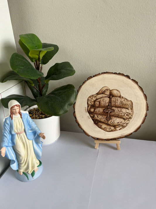 Praying Hands & Rosary | Original Pyrography on Natural Wood Slice | Handmade by Rosaria