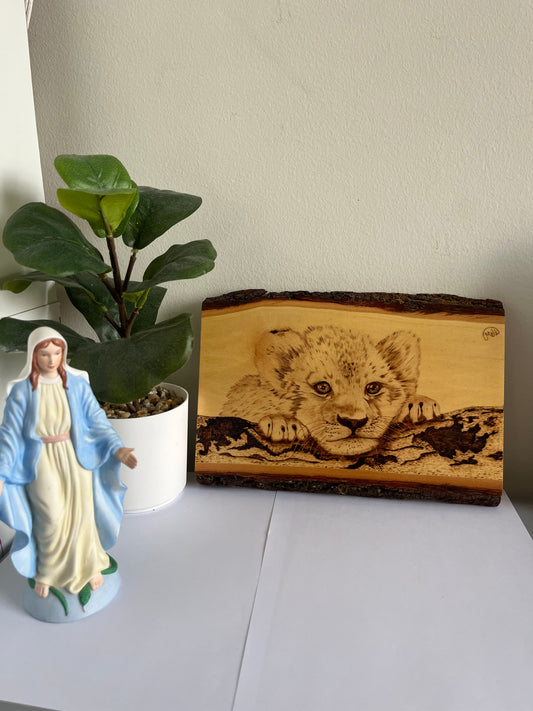 Baby Lion Cub | Original Pyrography on Natural Live-Edge Wood Slab | Handmade