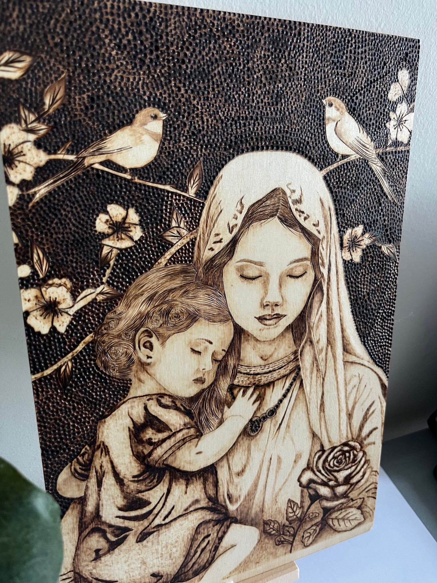 Madonna & Child | Sparrows Cherry Blossoms & Rose | Original Pyrography | Handmade by Rosaria