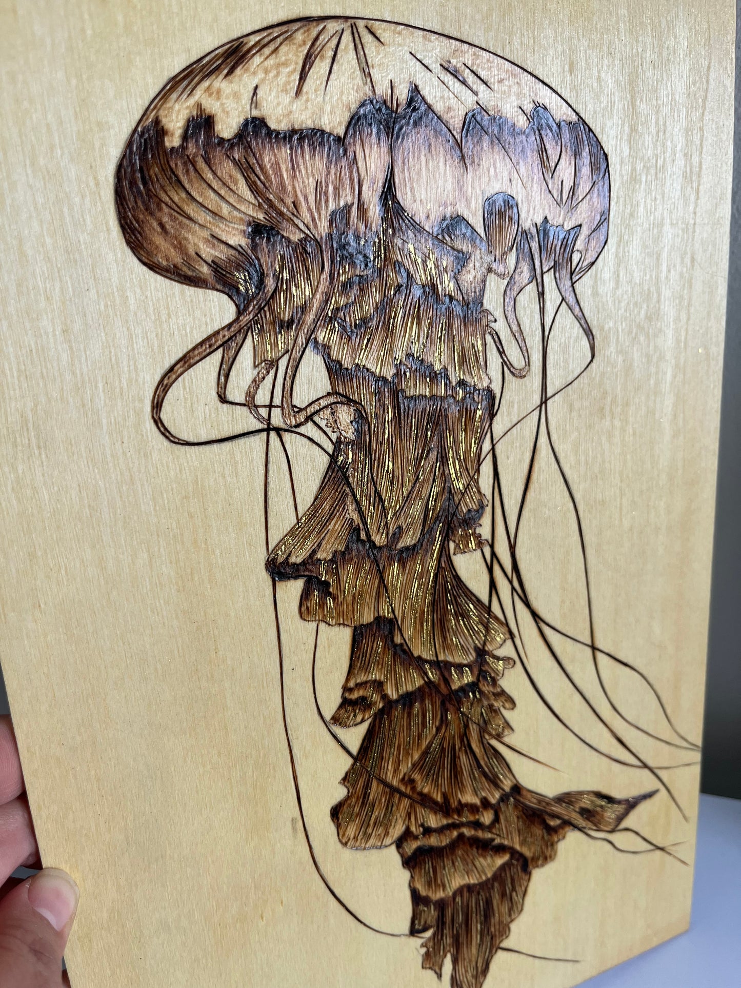 Jellyfish | Original Pyrography & Gold Leaf Accents on Basswood | Handmade by Rosaria