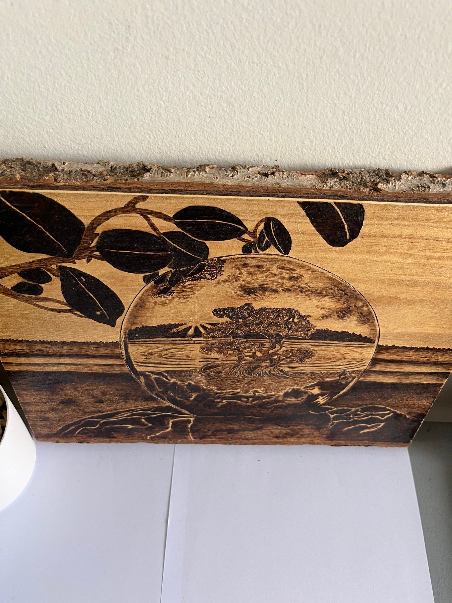 Bonsai Moon Sphere | Original Pyrography on Live-Edge Reclaimed Wood | Handmade by Rosaria