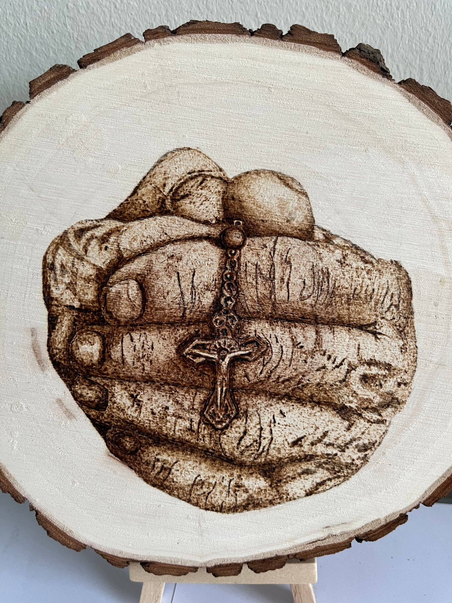 Praying Hands & Rosary | Original Pyrography on Natural Wood Slice | Handmade by Rosaria