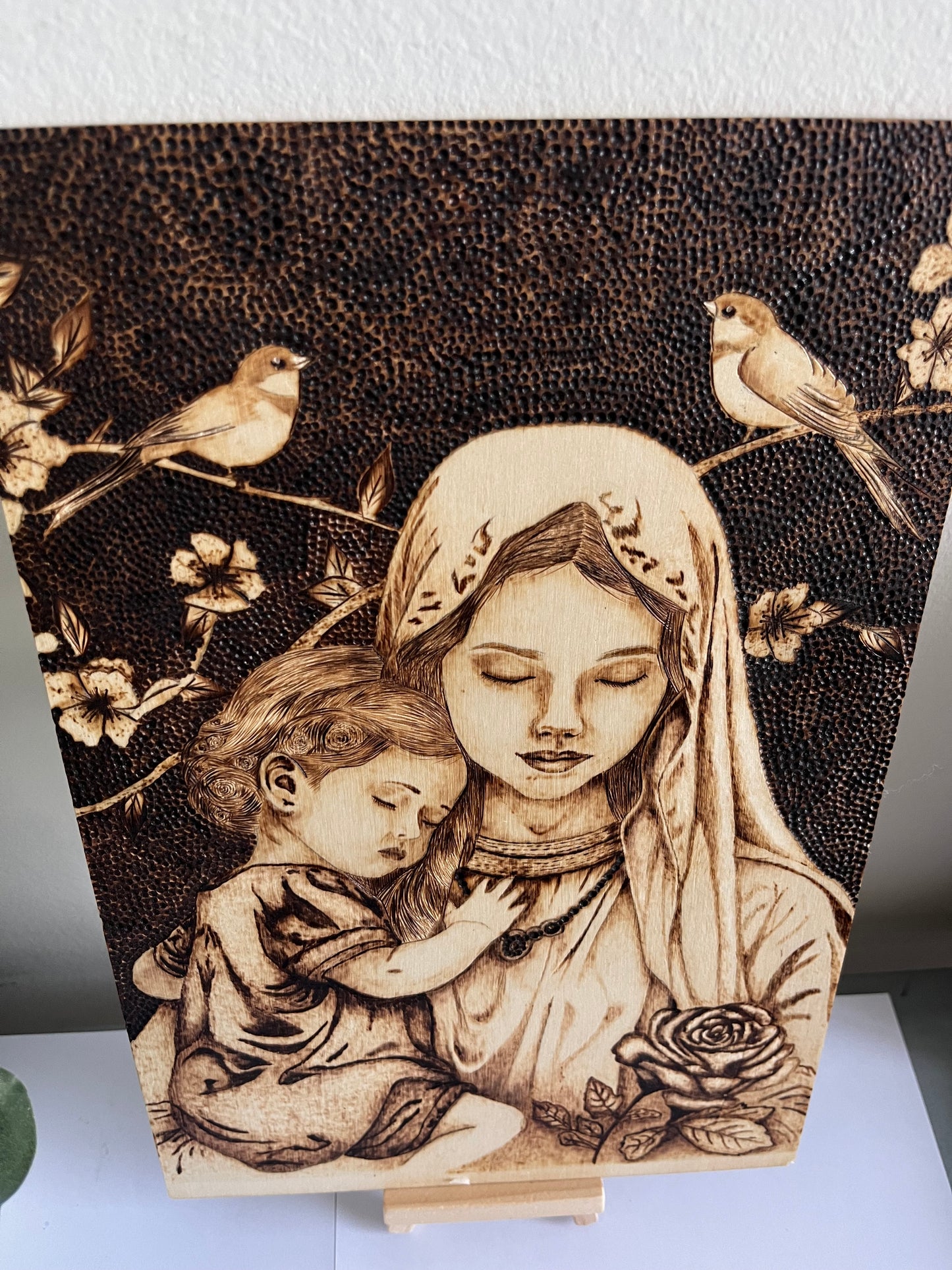 Madonna & Child | Sparrows Cherry Blossoms & Rose | Original Pyrography | Handmade by Rosaria