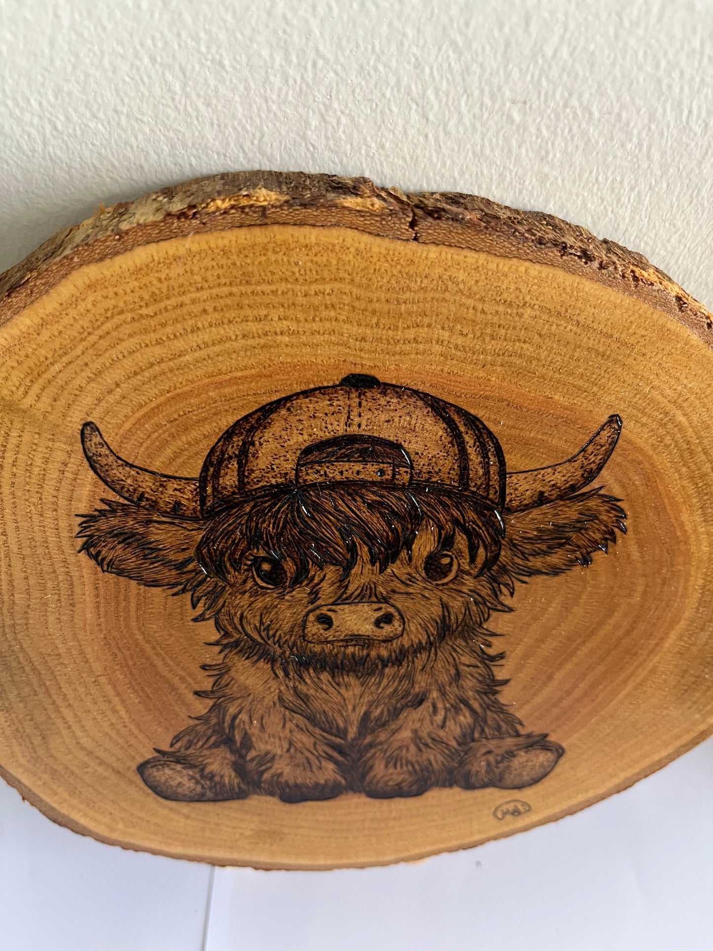 Baby Highland Cow | Original Pyrography on Natural Wood Slice | Handmade by Rosaria