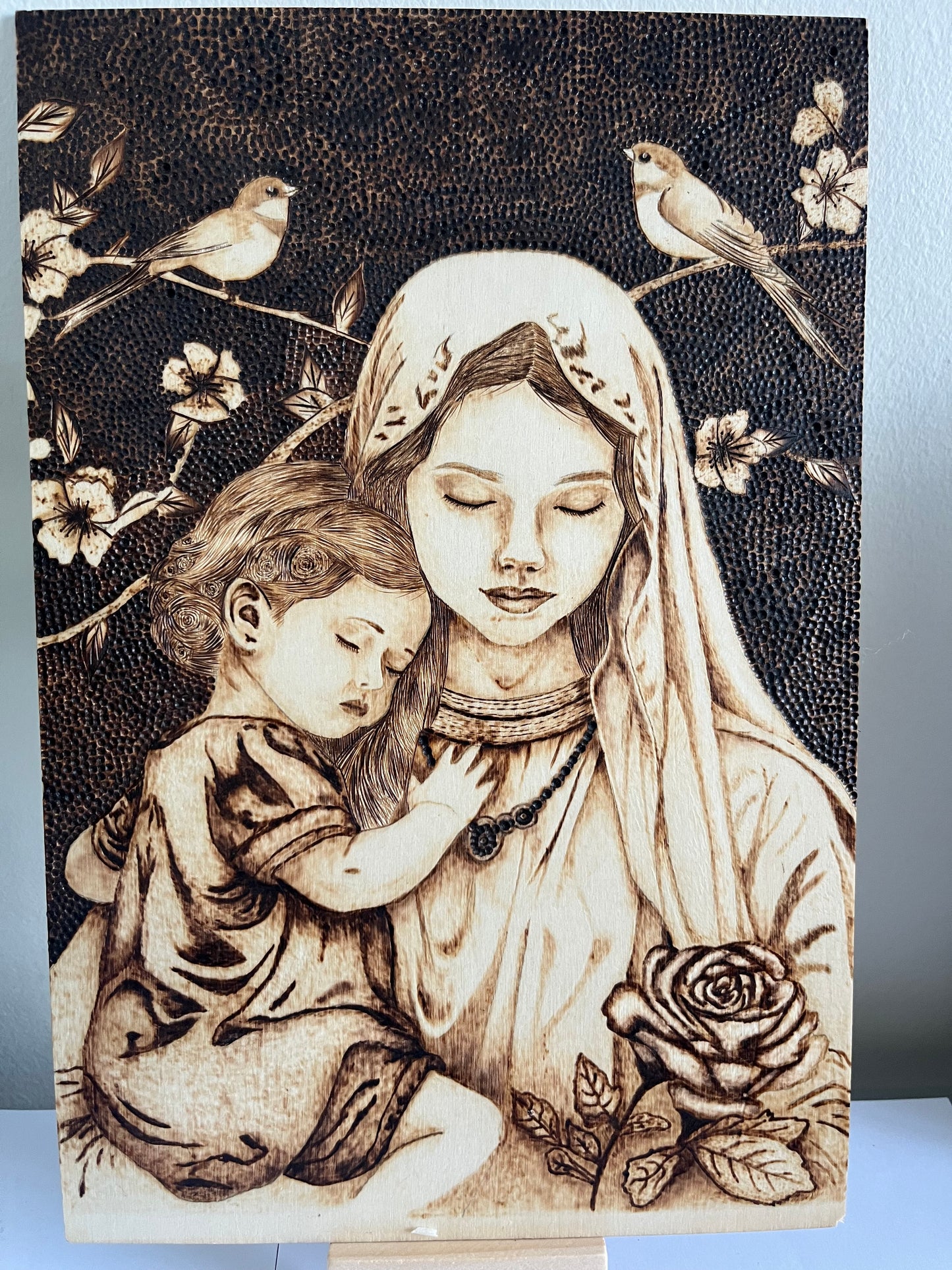 Madonna & Child | Sparrows Cherry Blossoms & Rose | Original Pyrography | Handmade by Rosaria