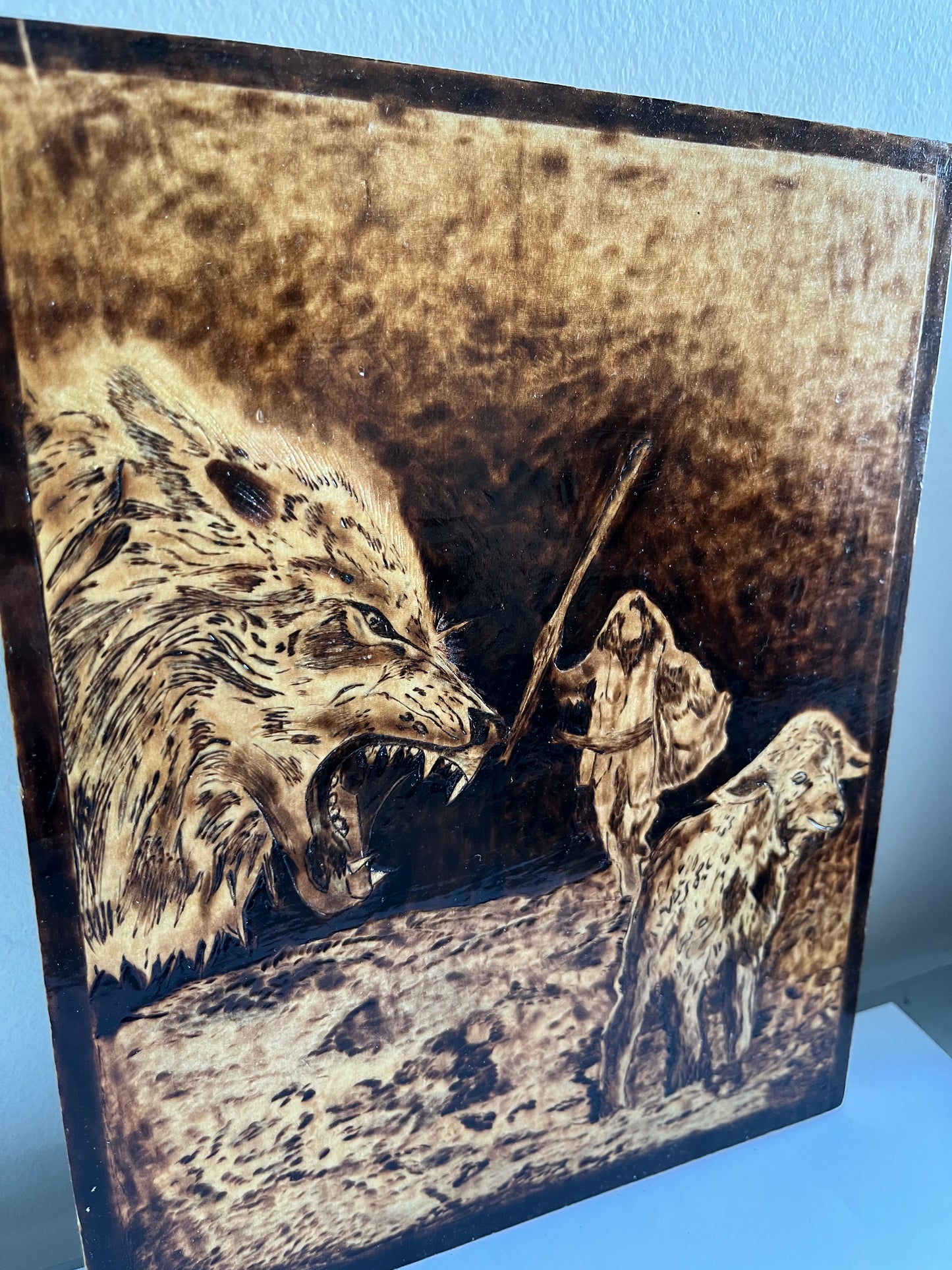 Good Shepherd Defending His Flock | Original Pyrography on Wood | Handmade by Rosaria