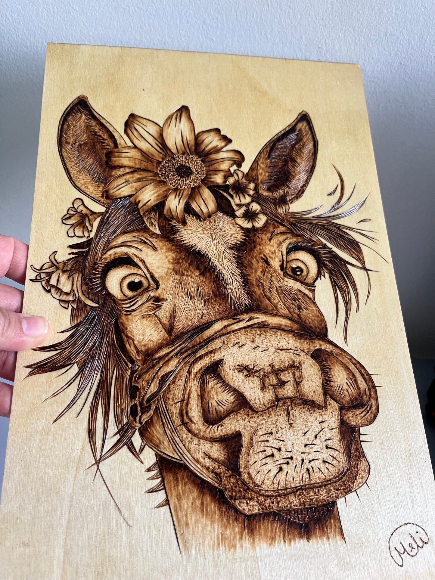 Floral Donkey Portrait | Original Pyrography on Basswood Panel | Handmade by Rosaria