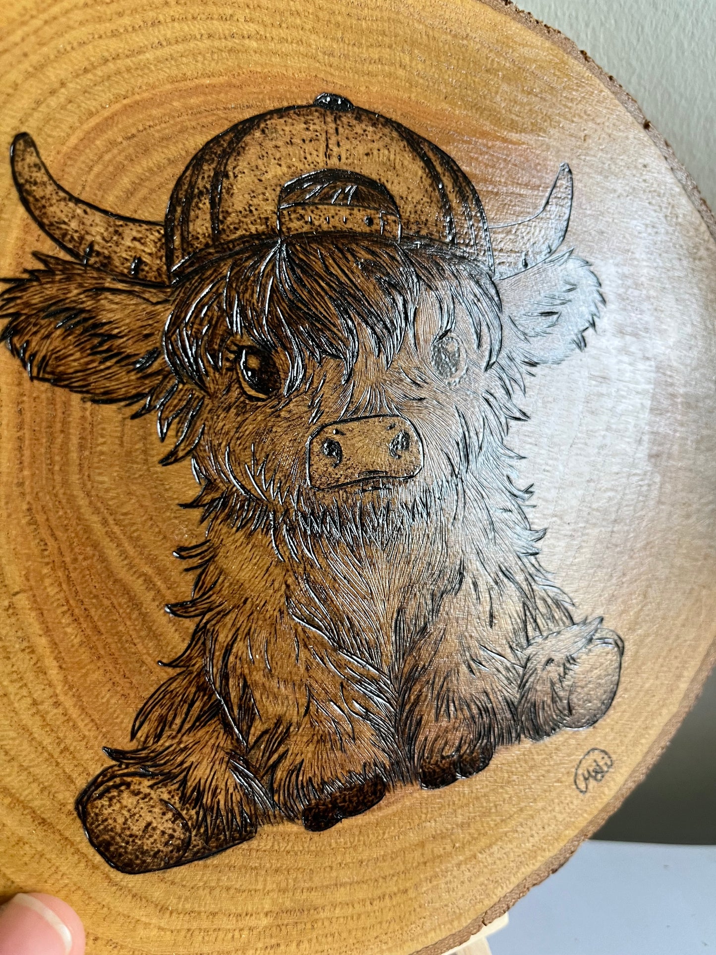Baby Highland Cow | Original Pyrography on Natural Wood Slice | Handmade by Rosaria