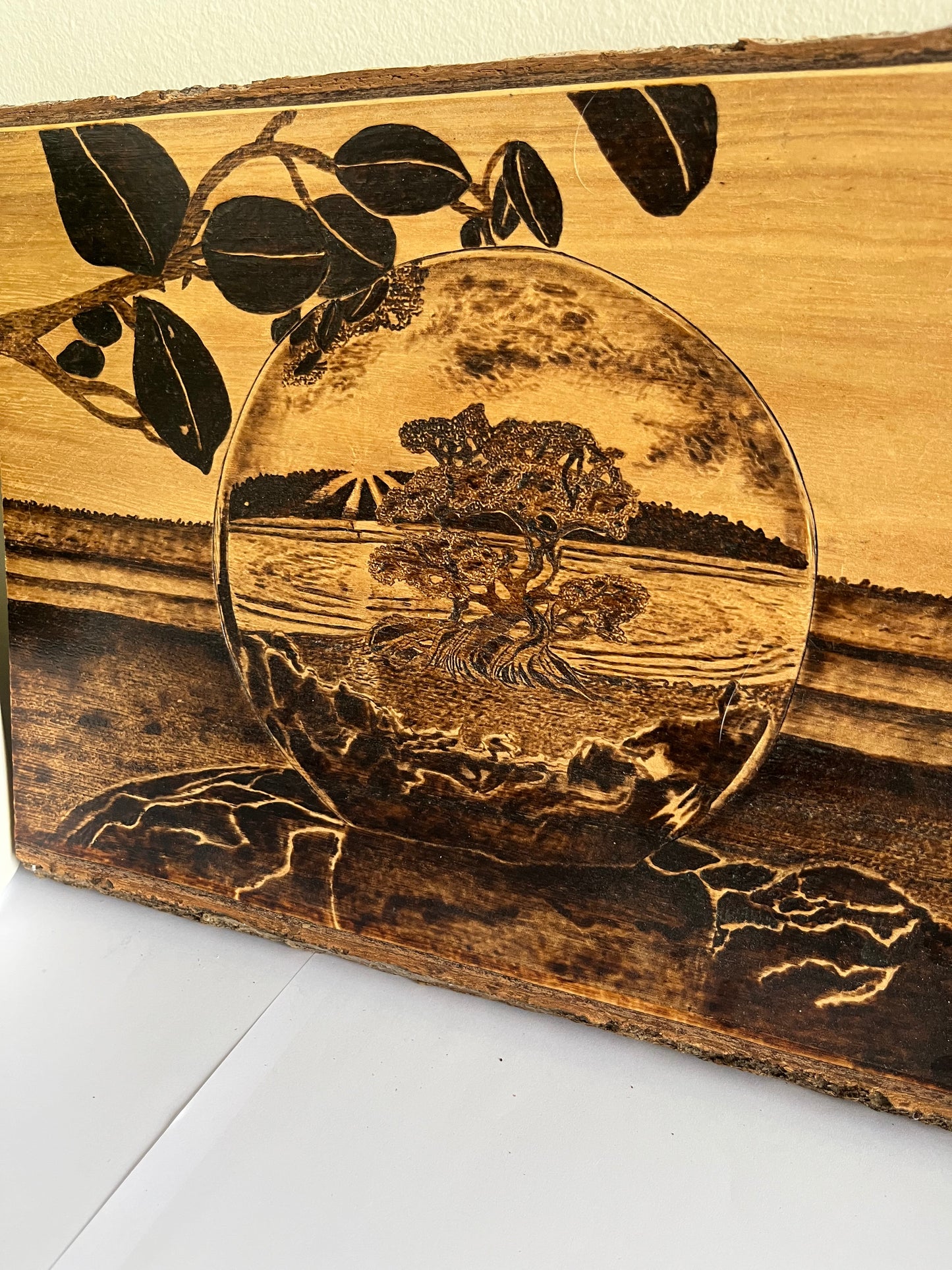Bonsai Moon Sphere | Original Pyrography on Live-Edge Reclaimed Wood | Handmade by Rosaria