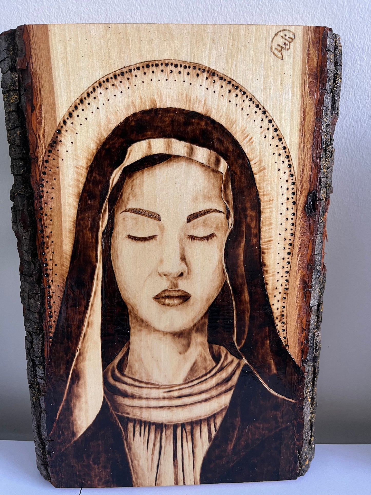 Our Lady in Prayer | Original Pyrography on Live-Edge Wood | Handmade by Rosaria