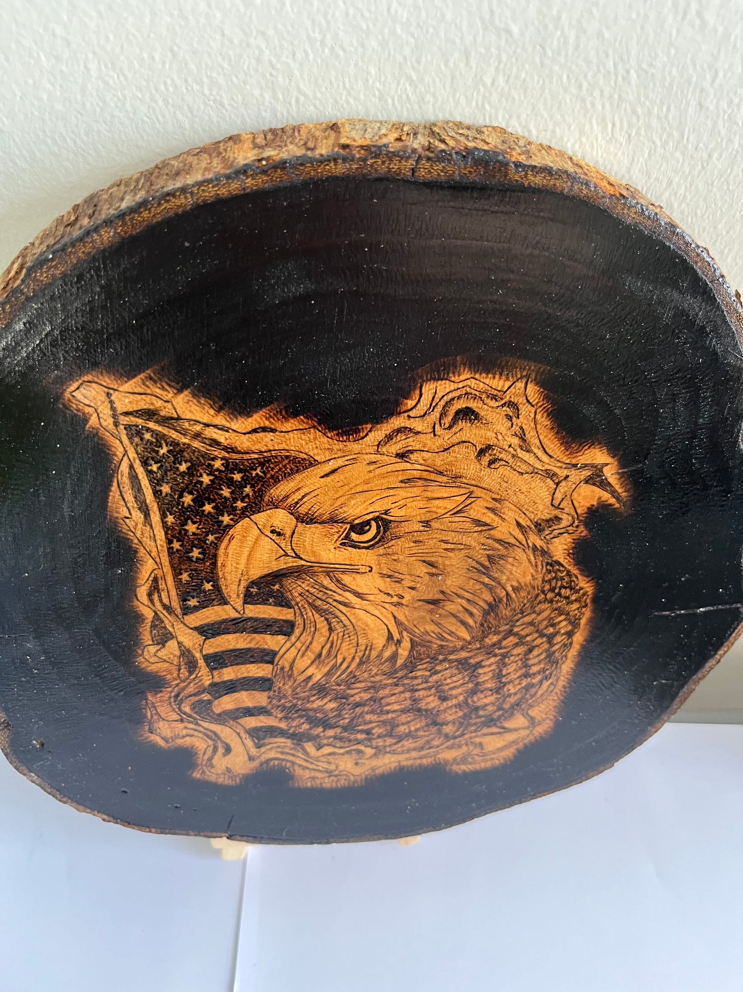 American Eagle & Flag | Original Pyrography on Black Wood Slice | Handmade by Rosaria
