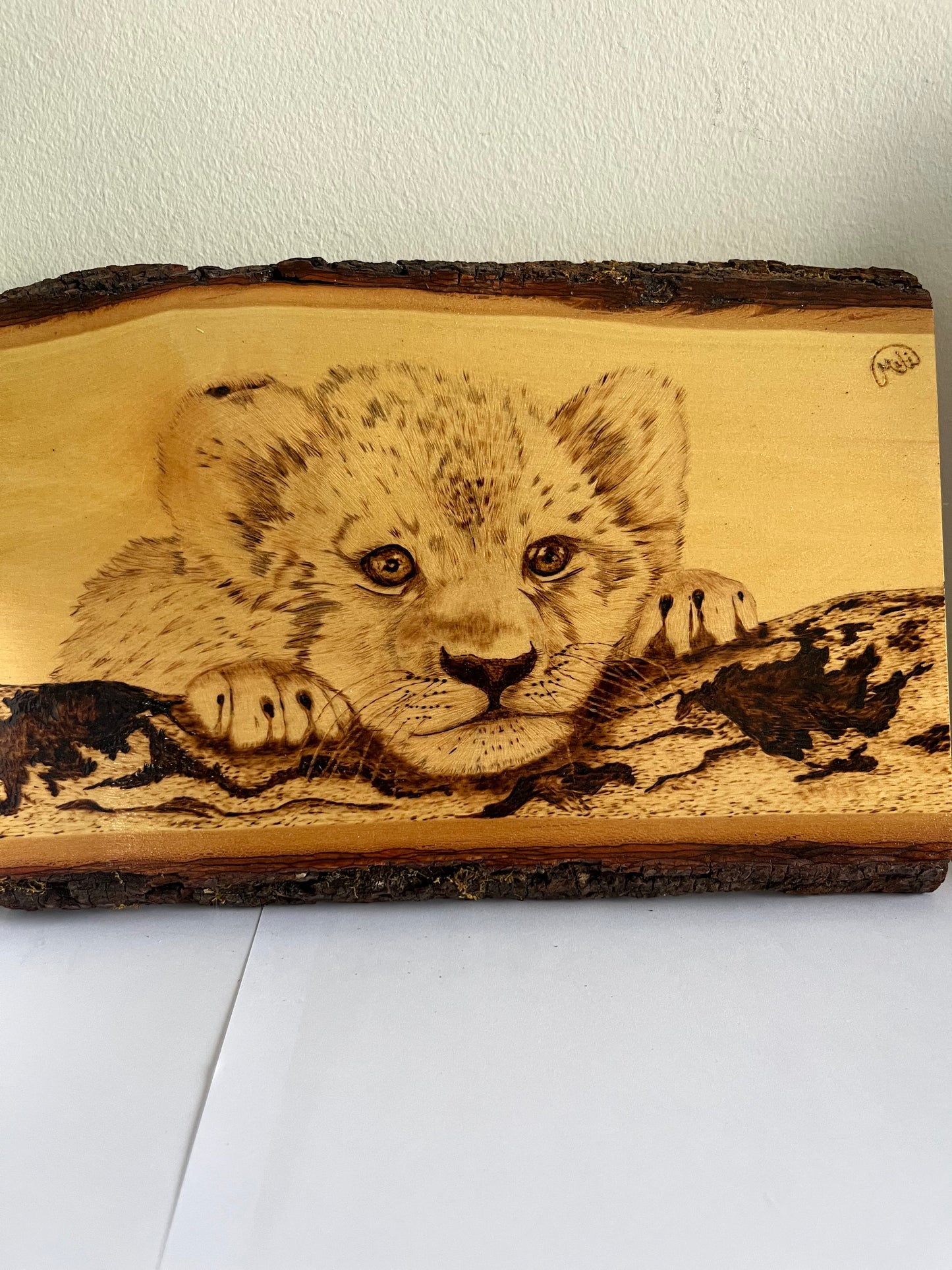 Baby Lion Cub | Original Pyrography on Natural Live-Edge Wood Slab | Handmade