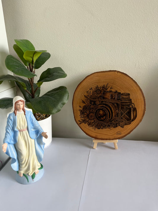 Vintage Camera with Flowers | Original Pyrography on Natural Wood Slice | Handmade by Rosaria