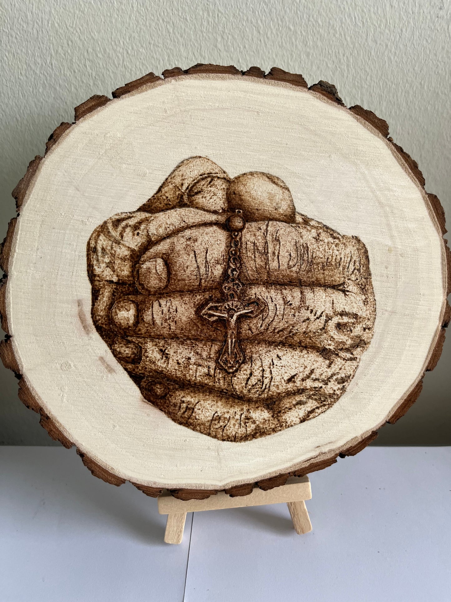Praying Hands & Rosary | Original Pyrography on Natural Wood Slice | Handmade by Rosaria