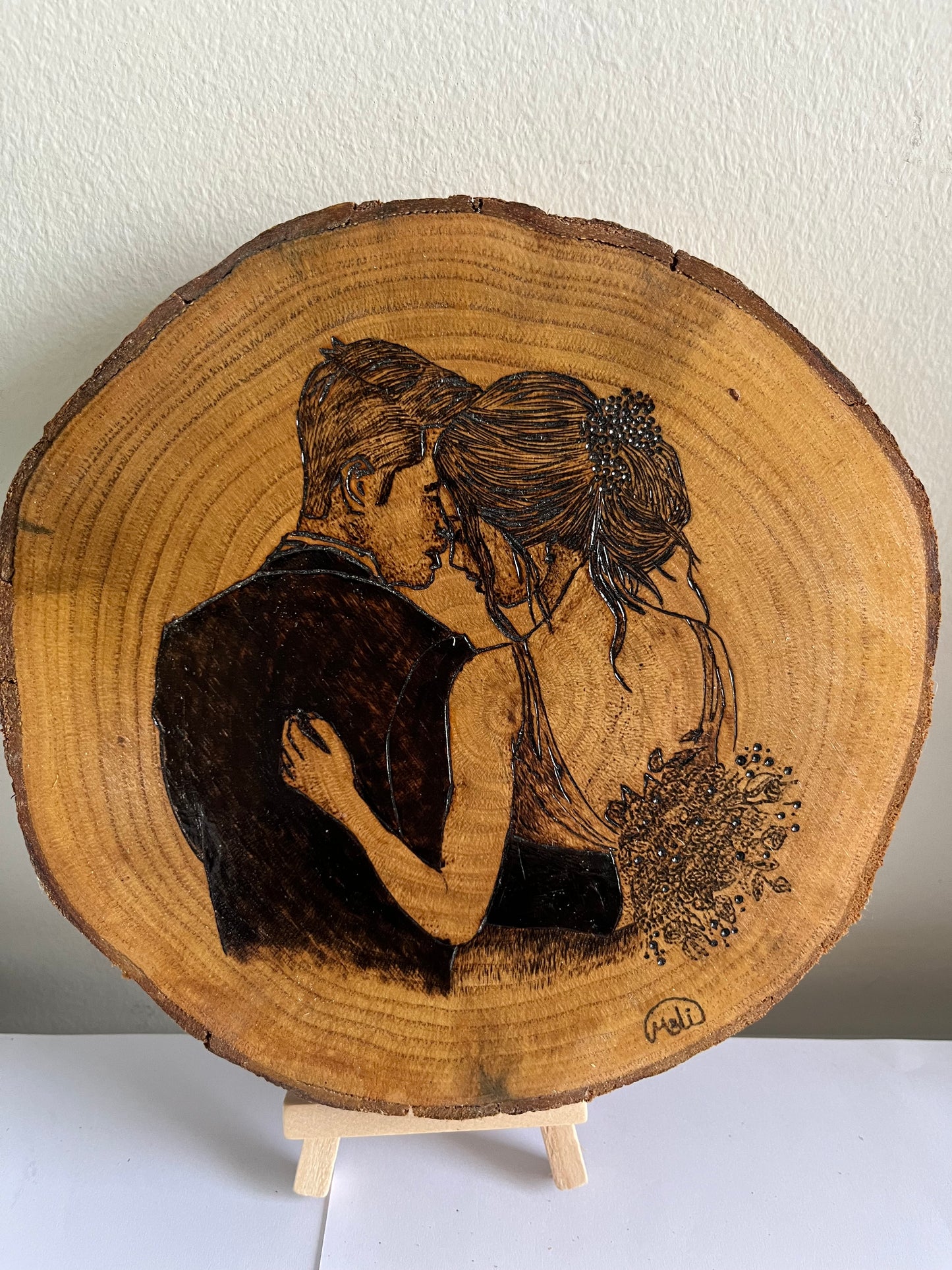 Wedding Couple | Original Pyrography on Natural Wood Slice | Handmade by Rosaria