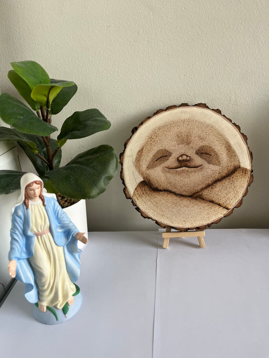 Happy Sloth | Original Pyrography on Natural Wood Slice | Handmade by Rosaria