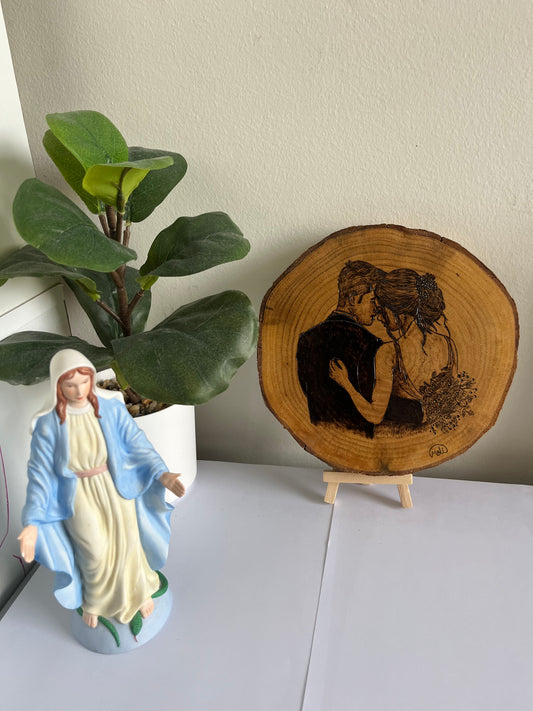 Wedding Couple | Original Pyrography on Natural Wood Slice | Handmade by Rosaria