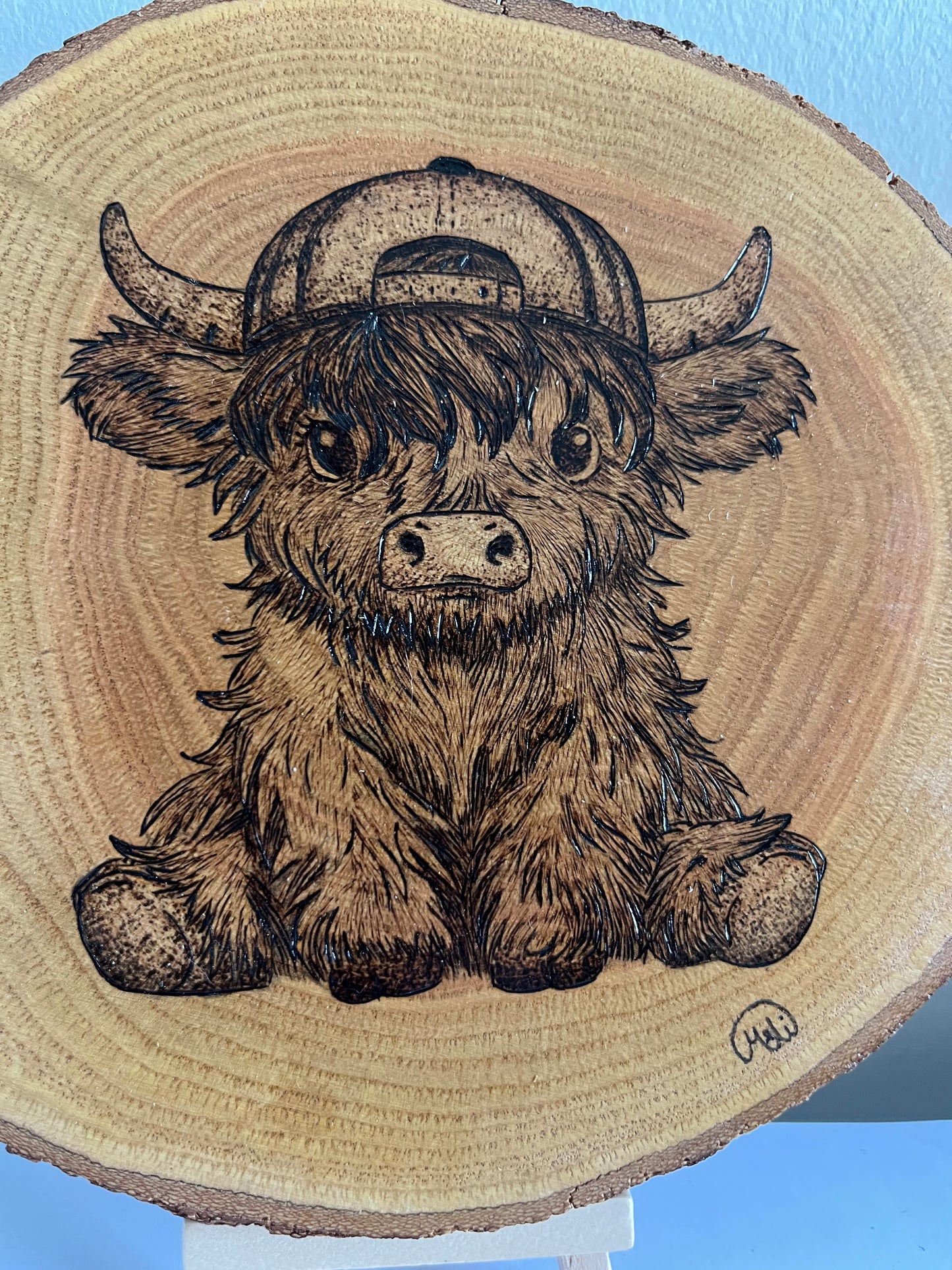 Baby Highland Cow | Original Pyrography on Natural Wood Slice | Handmade by Rosaria
