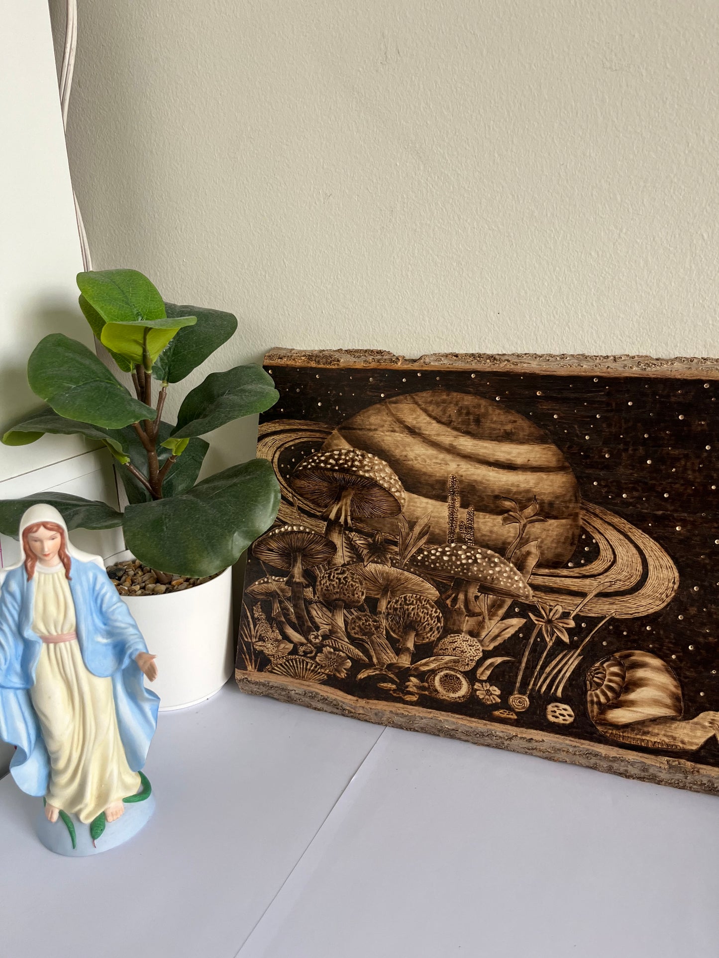 Cosmic Mushroom Forest | Original Pyrography on Live-Edge Reclaimed Wood | Handmade