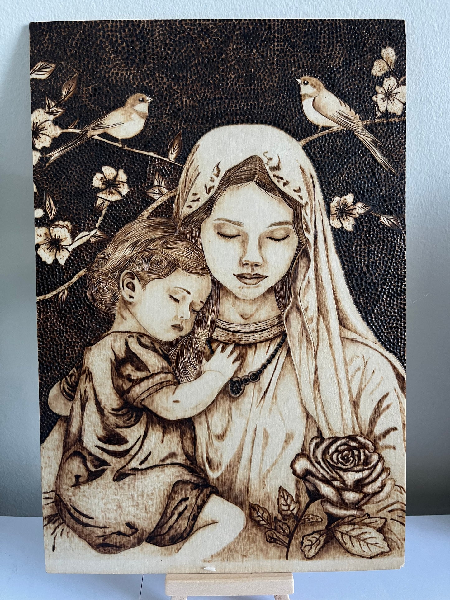 Madonna & Child | Sparrows Cherry Blossoms & Rose | Original Pyrography | Handmade by Rosaria