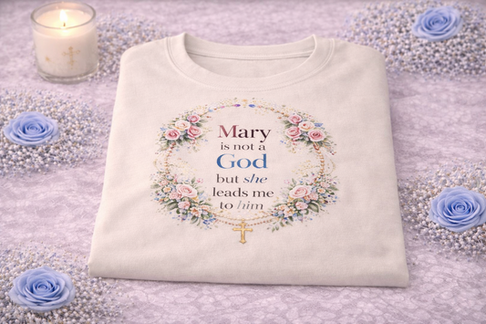 Mary is Not a God But She Leads Me to Him T-Shirt, Catholic Marian Tee, Pink Floral Rosary Shirt, Catholic Gift for Her, Virgin Mary Apparel, Religious Women's Shirt