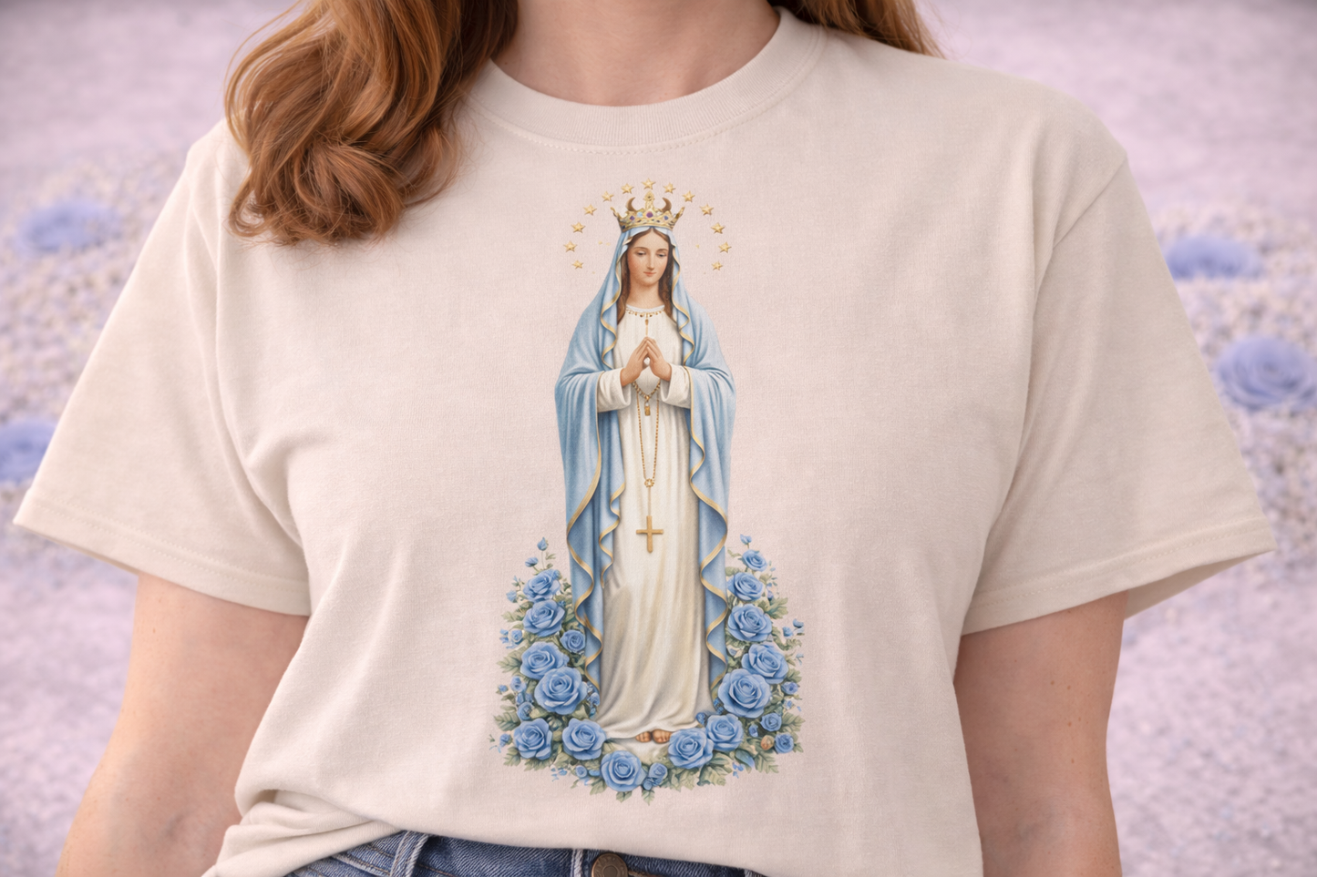 Virgin Mary Blue Roses T-Shirt, Our Lady Catholic Tee, Blessed Mother Shirt, Marian Catholic Gift for Her, Queen of Heaven Apparel, Religious Women's Shirt