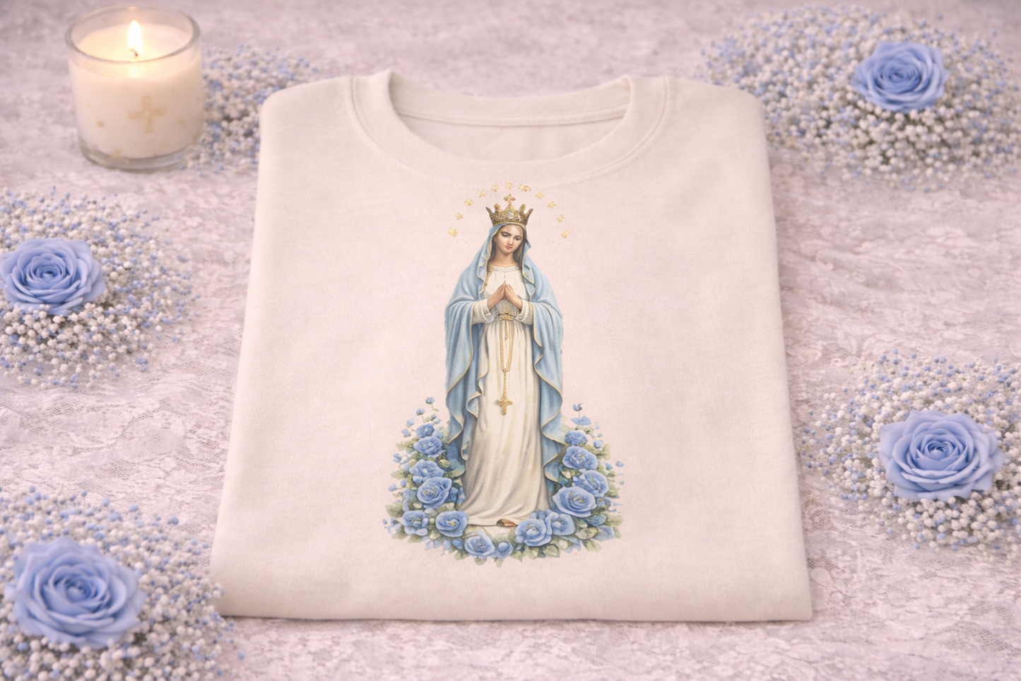 Virgin Mary Blue Roses T-Shirt, Our Lady Catholic Tee, Blessed Mother Shirt, Marian Catholic Gift for Her, Queen of Heaven Apparel, Religious Women's Shirt