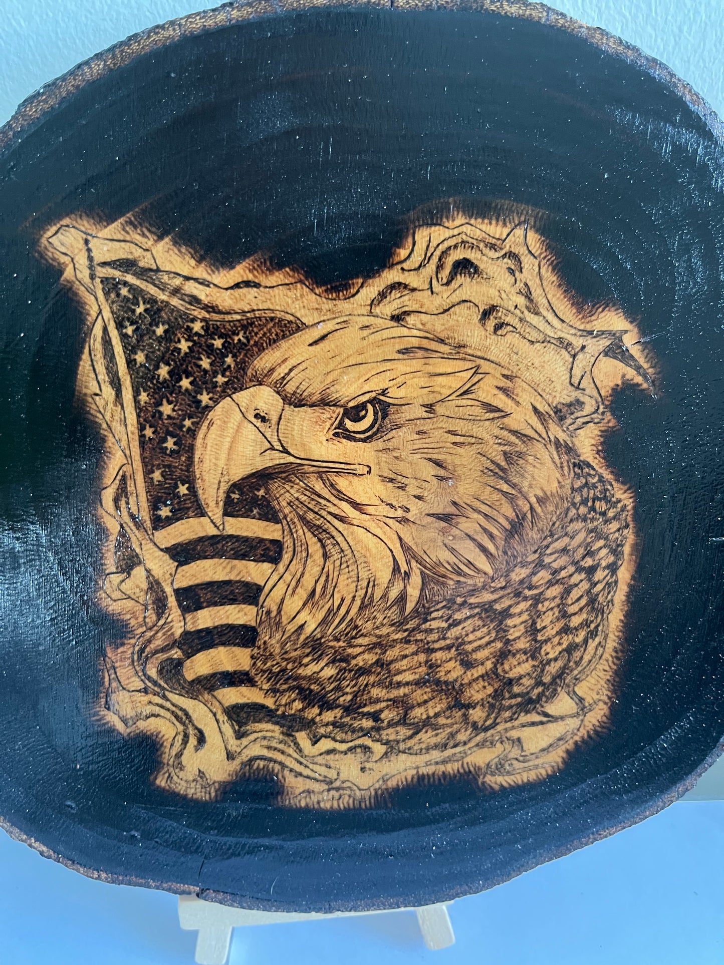 American Eagle & Flag | Original Pyrography on Black Wood Slice | Handmade by Rosaria