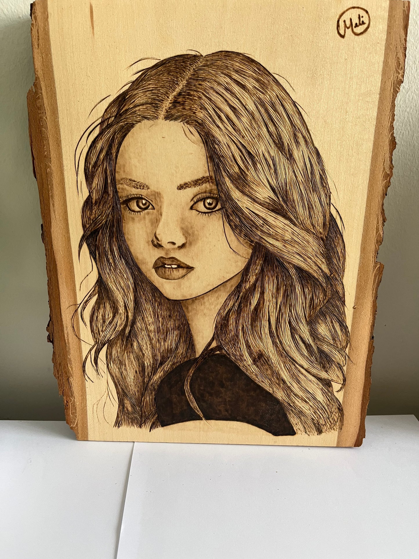 Female Portrait | Original Pyrography on Live-Edge Wood Plank | Handmade by Rosaria
