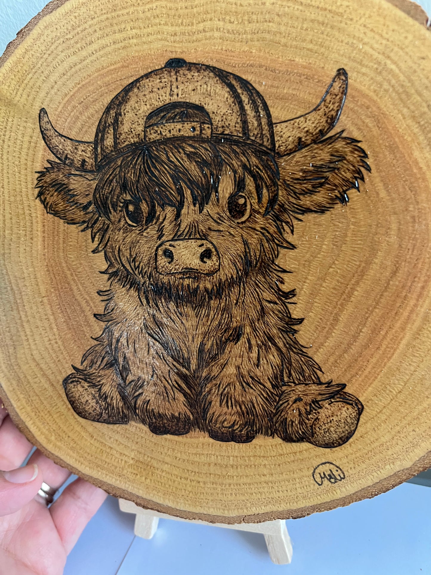 Baby Highland Cow | Original Pyrography on Natural Wood Slice | Handmade by Rosaria