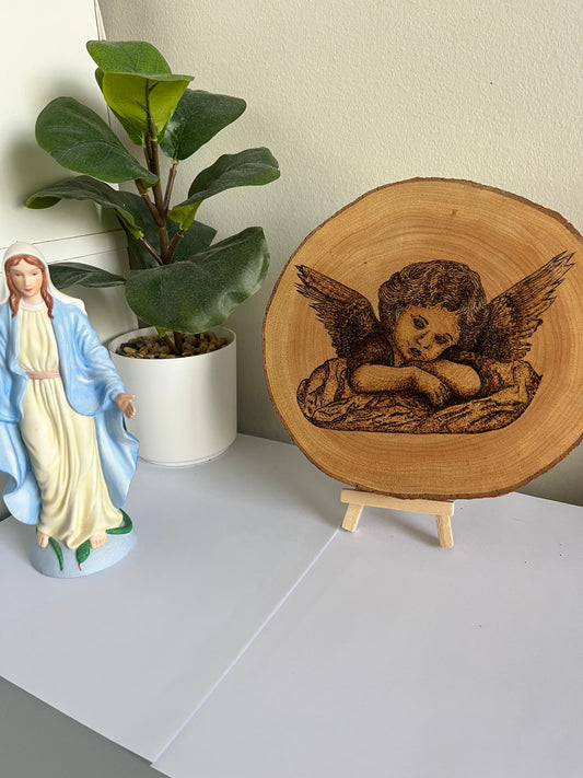 Guardian Angel Cherub Original Pyrography on Natural Wood Slice | Handmade by Rosaria