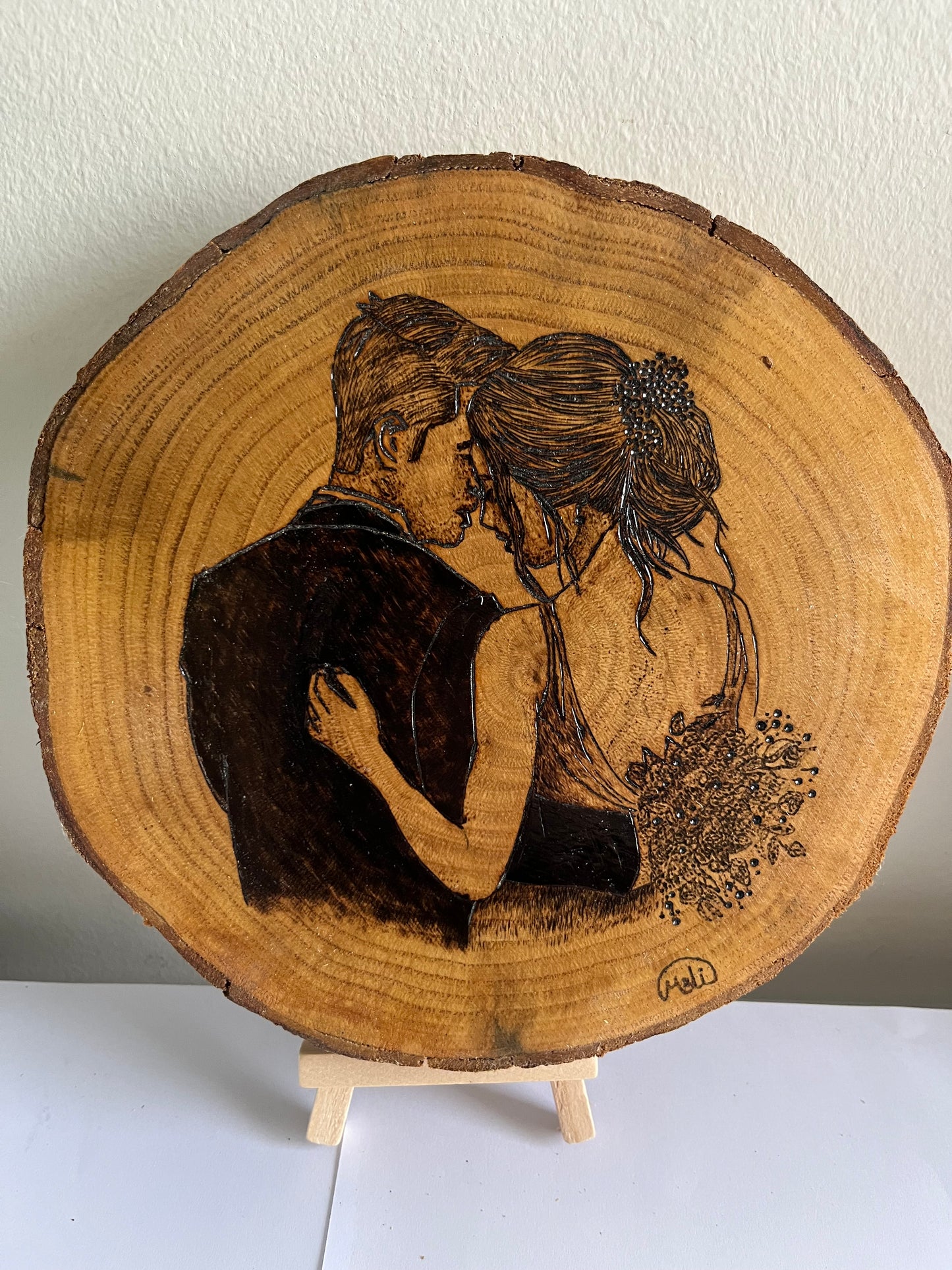 Wedding Couple | Original Pyrography on Natural Wood Slice | Handmade by Rosaria