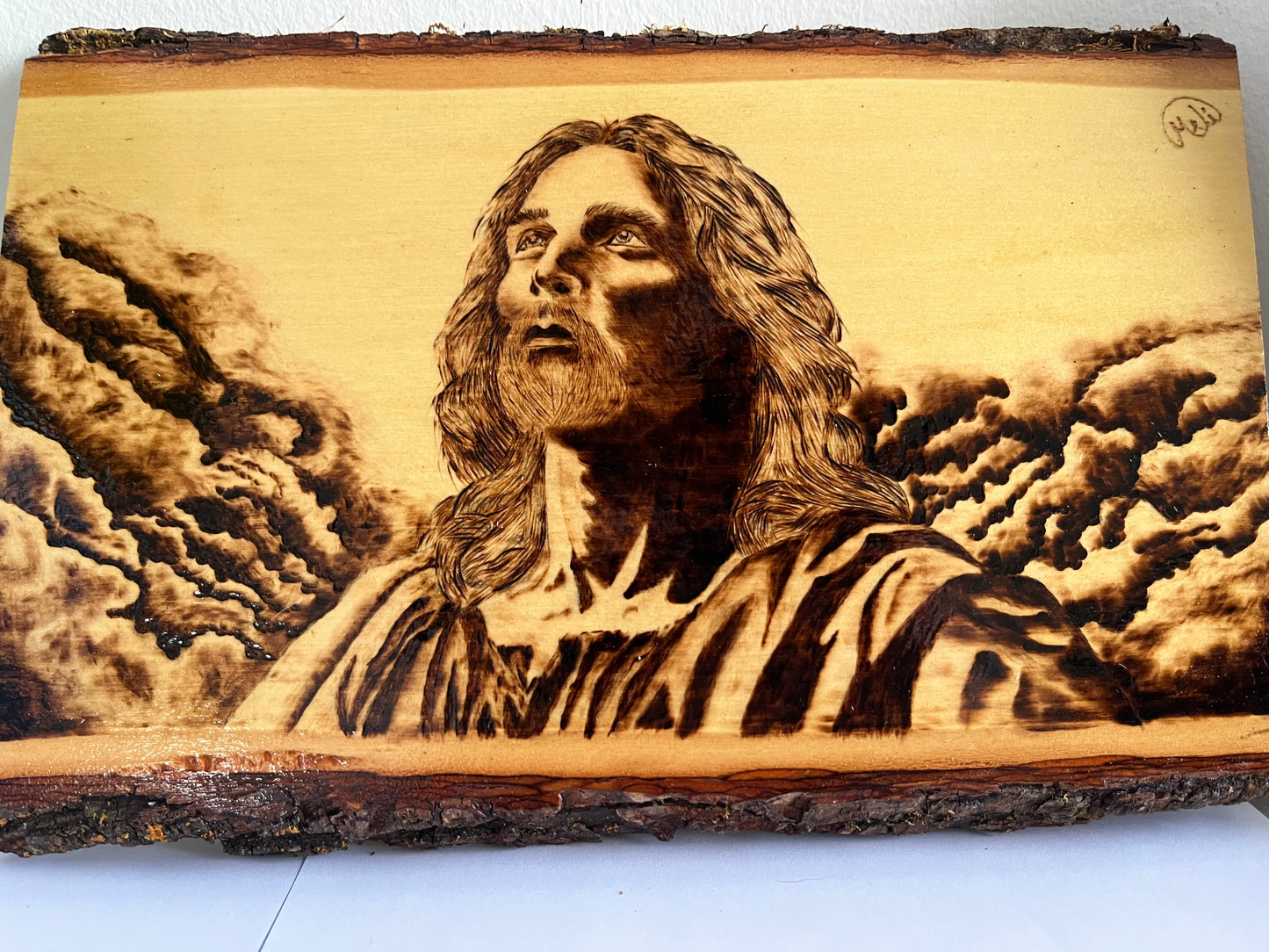 Christ Gazing Heavenward | Original Pyrography on Live-Edge Wood | Handmade by Rosaria