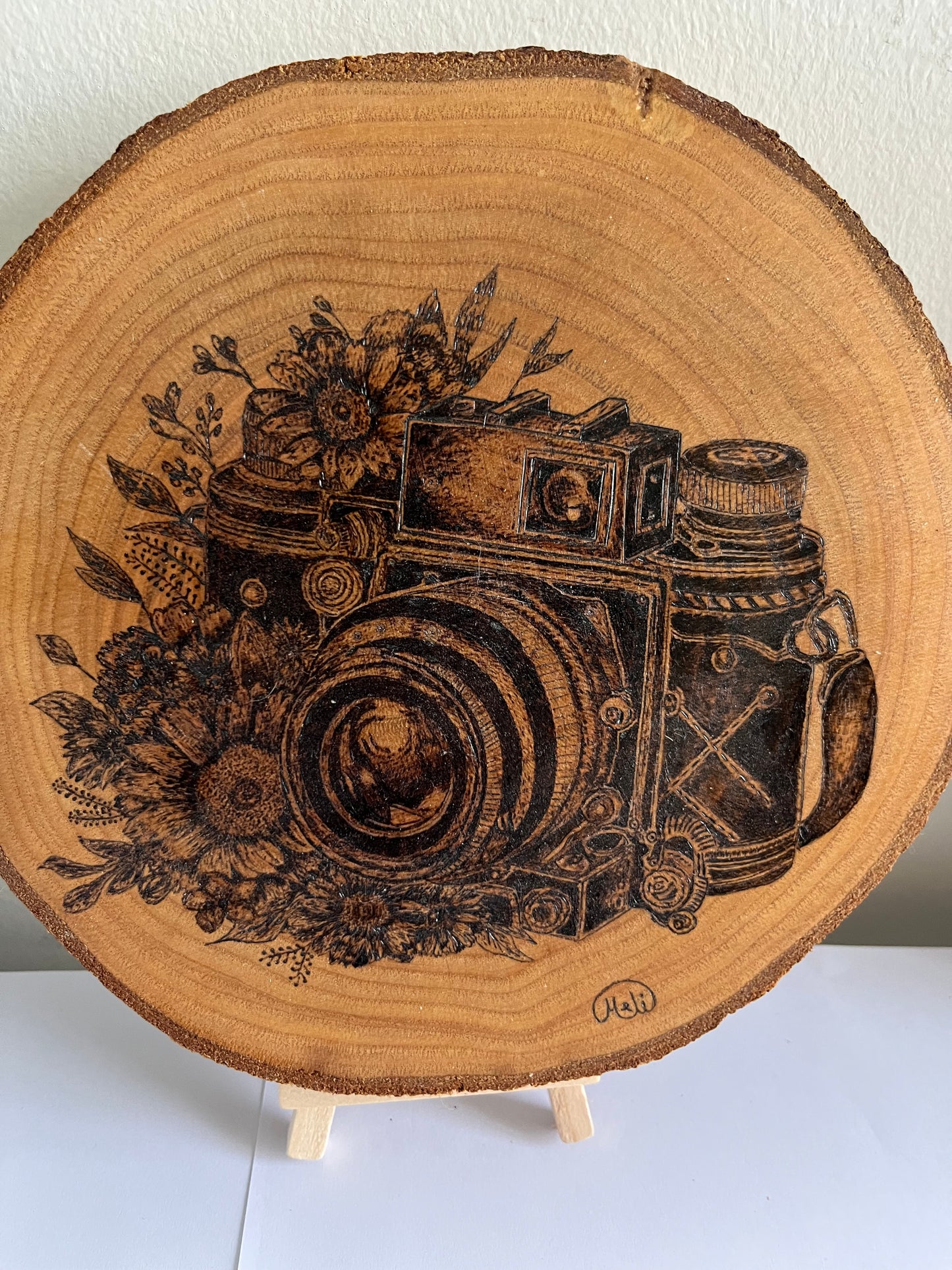 Vintage Camera with Flowers | Original Pyrography on Natural Wood Slice | Handmade by Rosaria