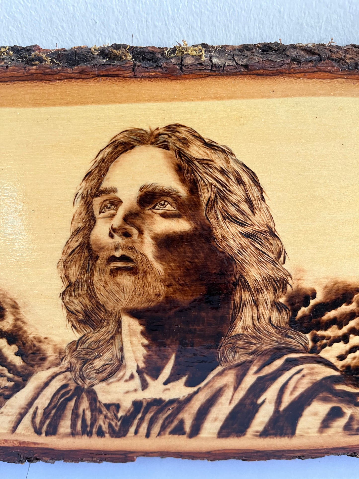 Christ Gazing Heavenward | Original Pyrography on Live-Edge Wood | Handmade by Rosaria