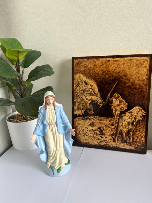 Good Shepherd Defending His Flock | Original Pyrography on Wood | Handmade by Rosaria