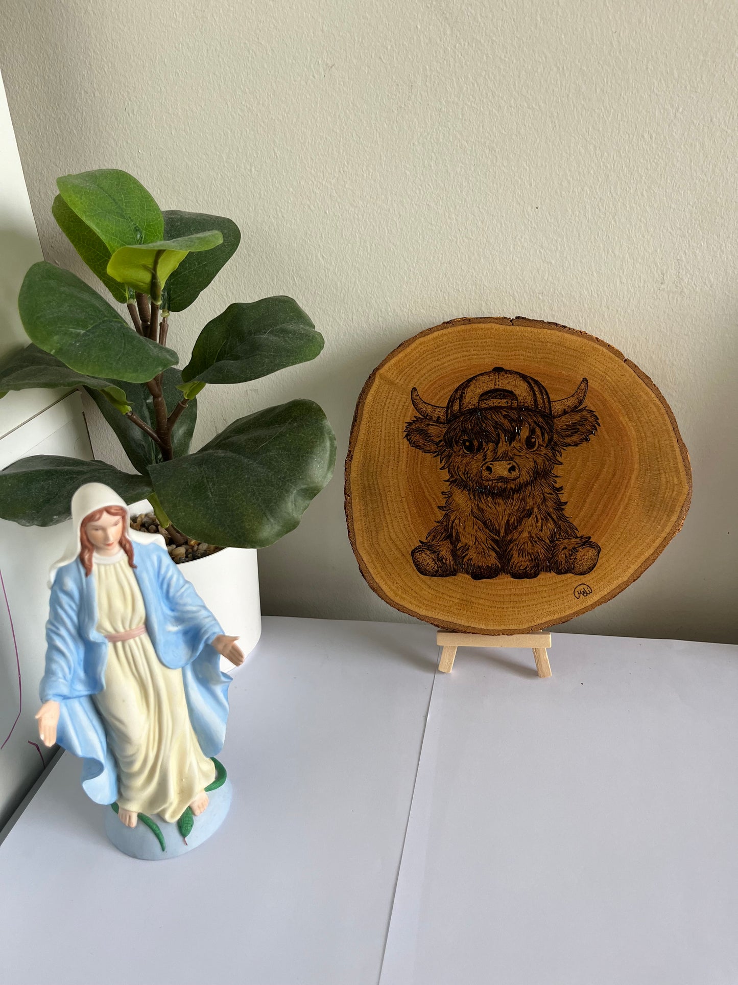 Baby Highland Cow | Original Pyrography on Natural Wood Slice | Handmade by Rosaria