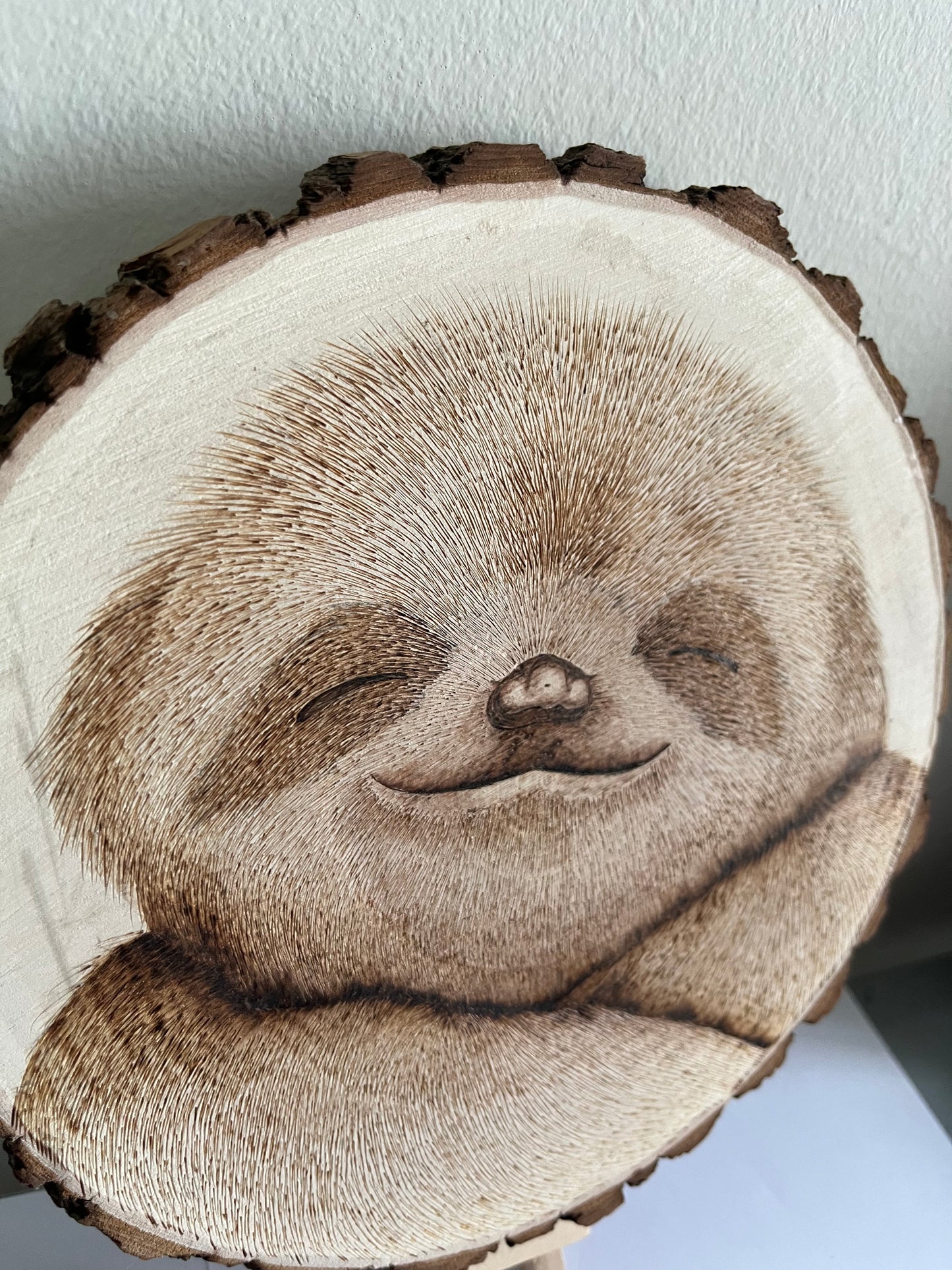 Happy Sloth | Original Pyrography on Natural Wood Slice | Handmade by Rosaria