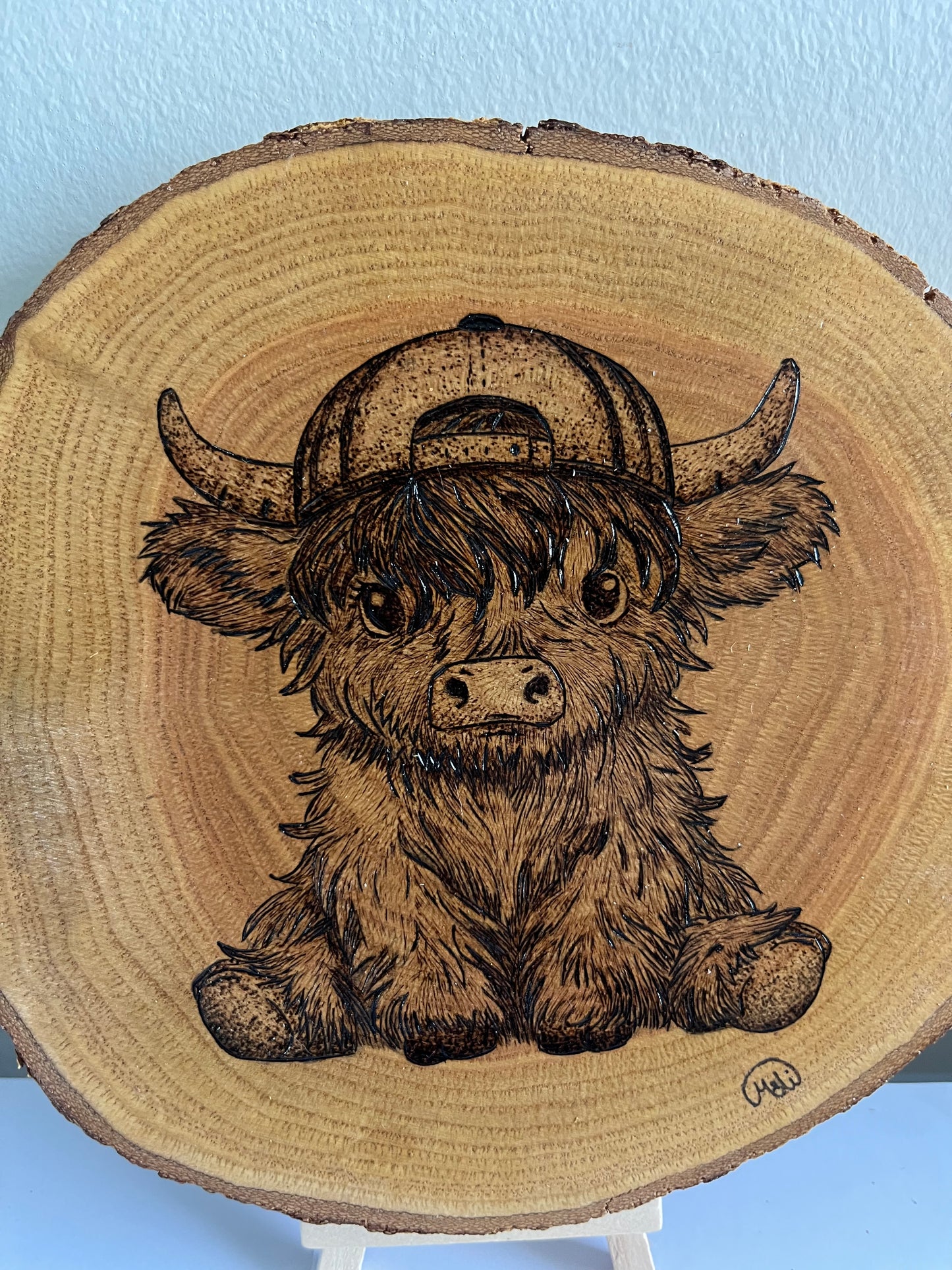 Baby Highland Cow | Original Pyrography on Natural Wood Slice | Handmade by Rosaria
