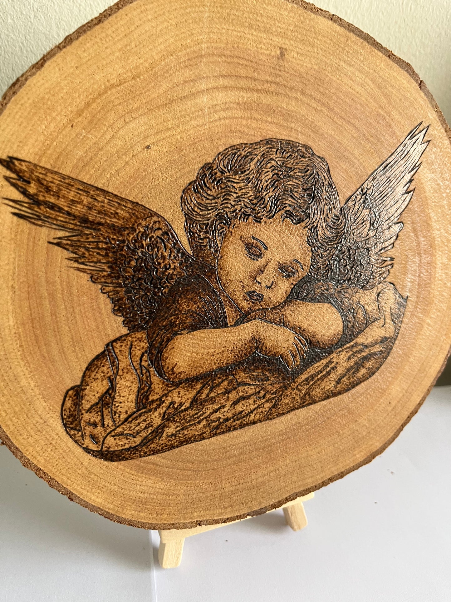 Guardian Angel Cherub Original Pyrography on Natural Wood Slice | Handmade by Rosaria