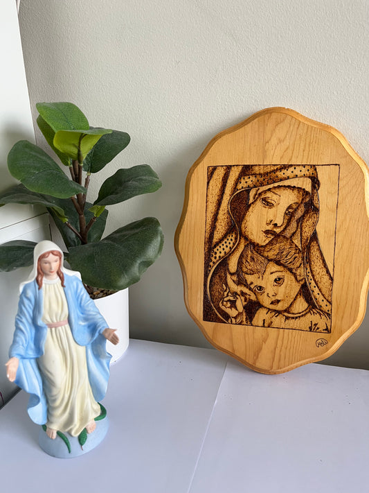 Our Lady & Child Jesus | Original Pyrography Art | Natural Wood Plaque | Handmade by Rosaria
