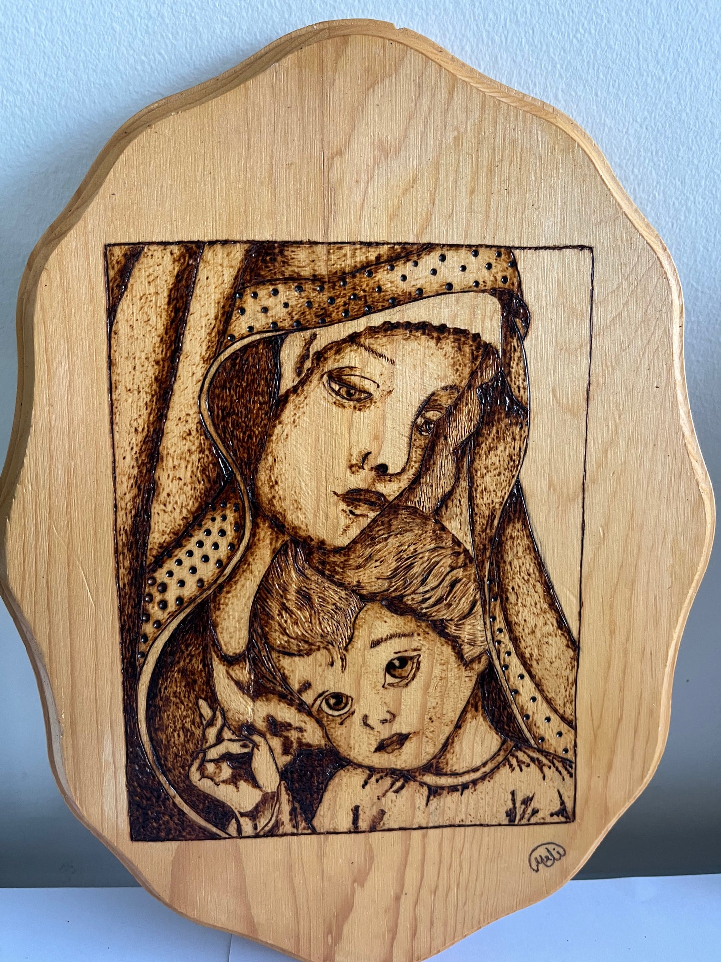 Our Lady & Child Jesus | Original Pyrography Art | Natural Wood Plaque | Handmade by Rosaria