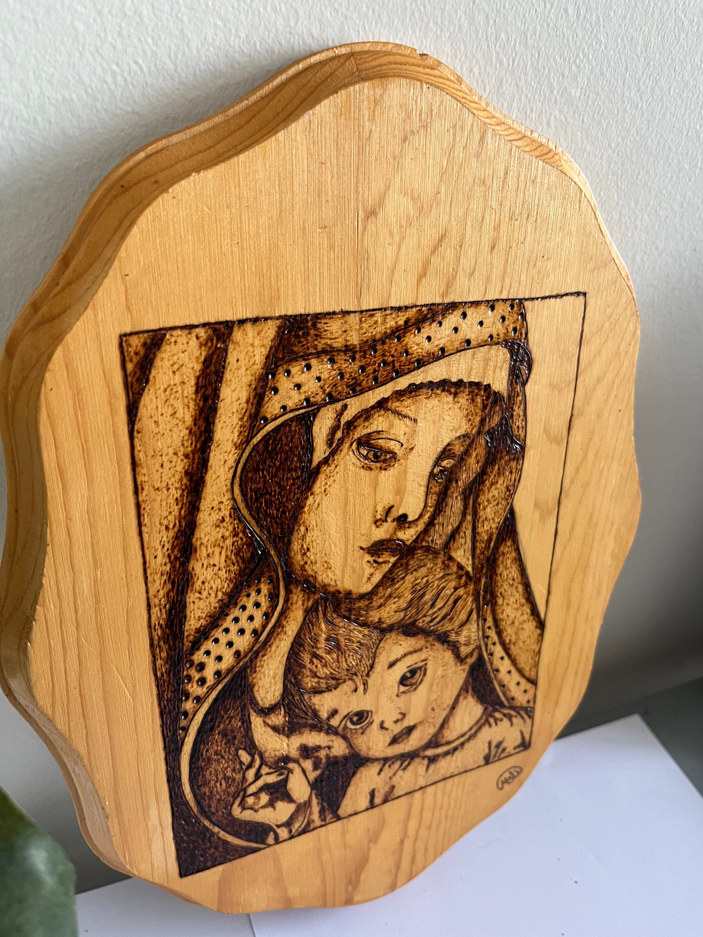 Our Lady & Child Jesus | Original Pyrography Art | Natural Wood Plaque | Handmade by Rosaria